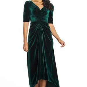 Adrianna Papell Ruched Velvet High-Low Dress in Emerald Green